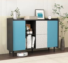 47" Modern Sideboard Buffet Cabinet, Black Accent Storage Cabinet with Blue Door & 2 Push-to-Open Drawers, Console Table for Dining Room, Living Room,