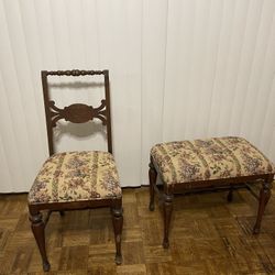 Vintage Queen Anne Bedroom/boudoir Chair And Bench Set