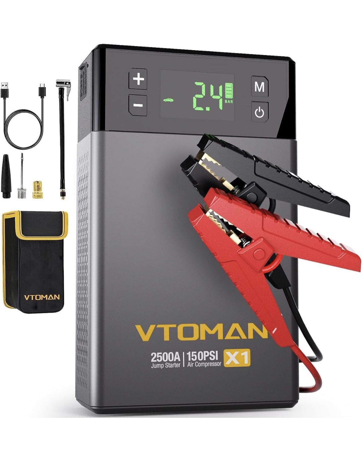 VTOMAN X1 Jump Starter with Air Compressor, 2500A Portable Battery Booster(Up to 8.5L Gas/6L Diesel Engines) with 150PSI Digital Auto Tire Inflator, 1