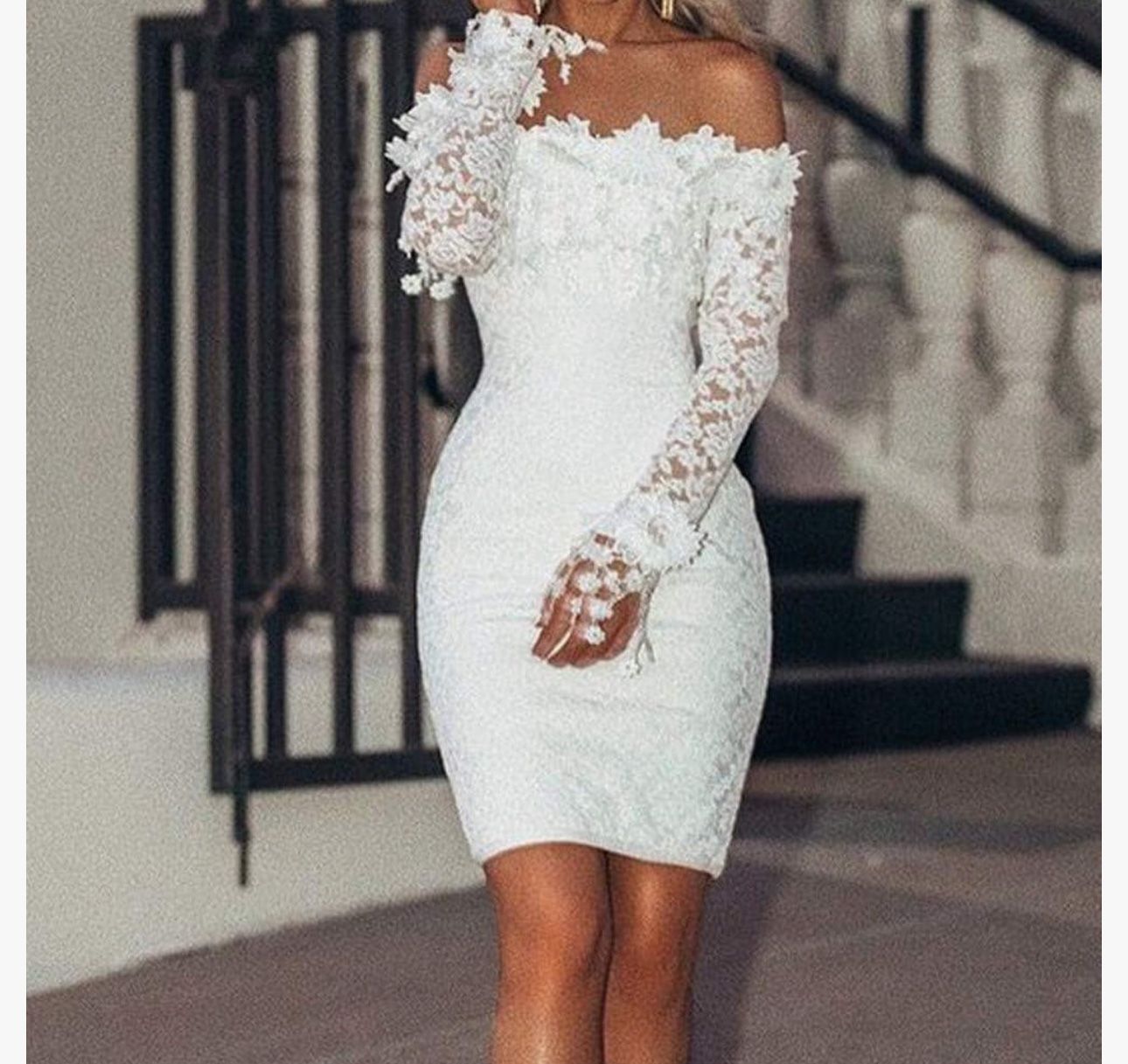 Sexy Off Shoulder Lace Cutout Evening Party Dress High Waist Long Sleeve