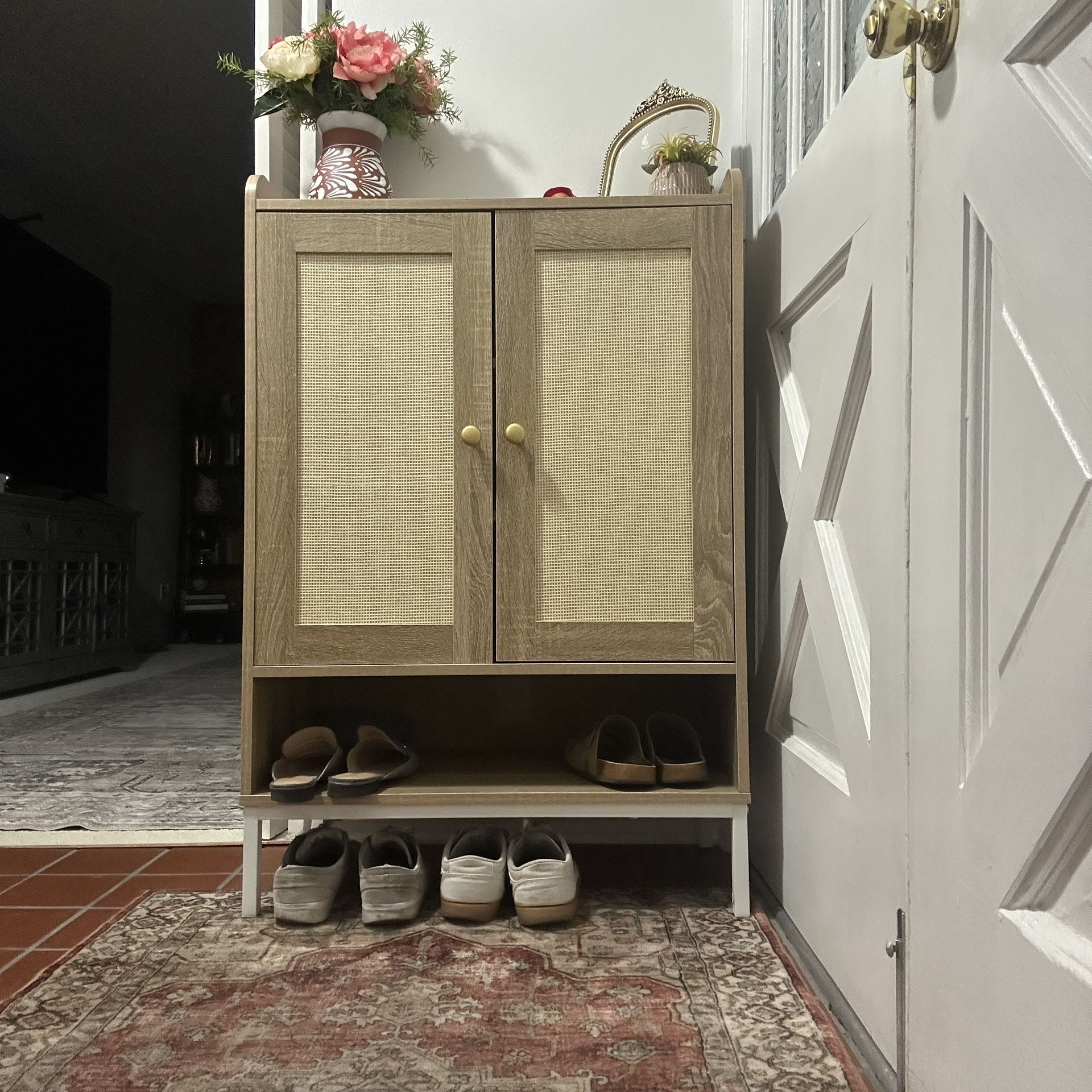 Shoe Cabinet, 27.5" long x 15" deep x 41.5" tall, fits about 12 shoes and 3 underneath