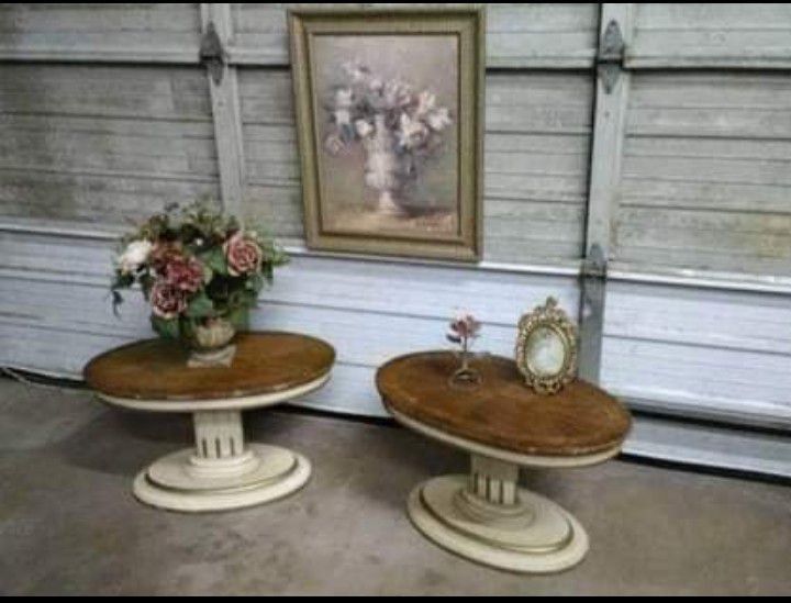 Oval Shabby Chic Vintage French Walnut Wood Column Pedestal End Tables Stands