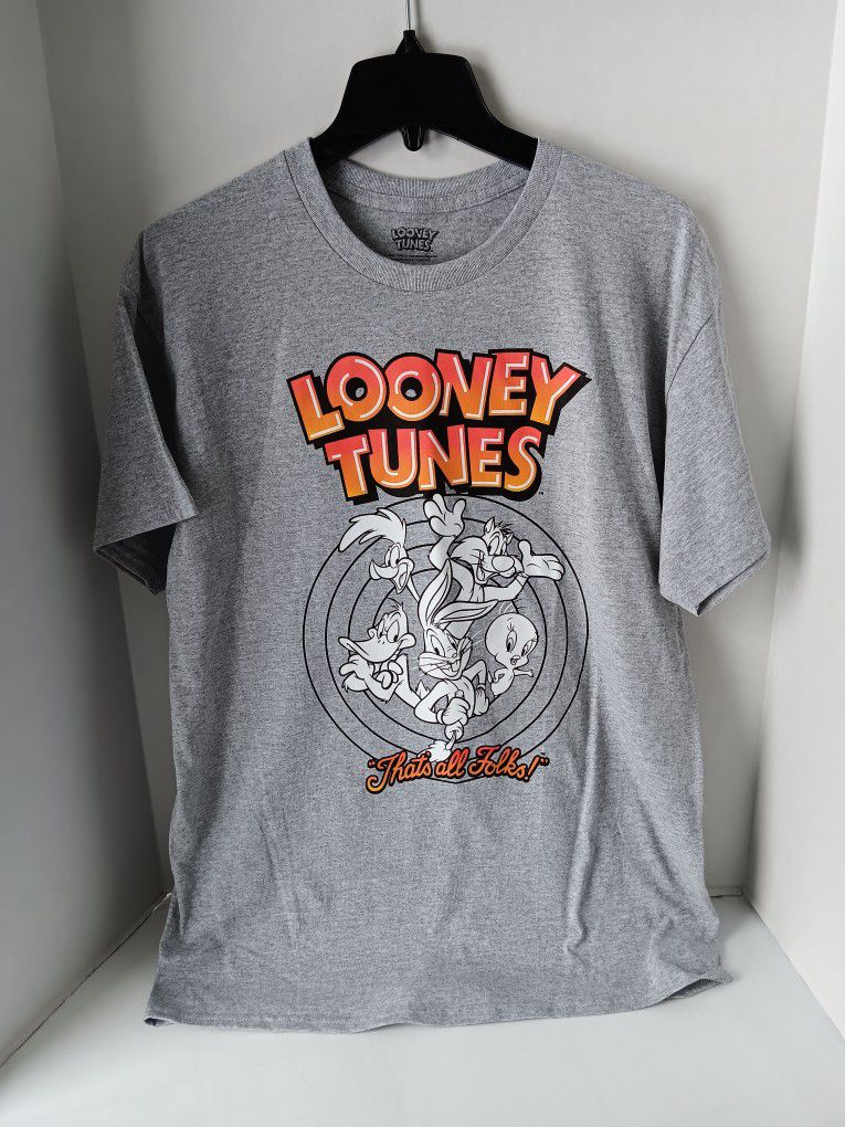 New Looney Tunes "Thats All Folks" Graphic Print Mens Size Large Tshirt. Gray