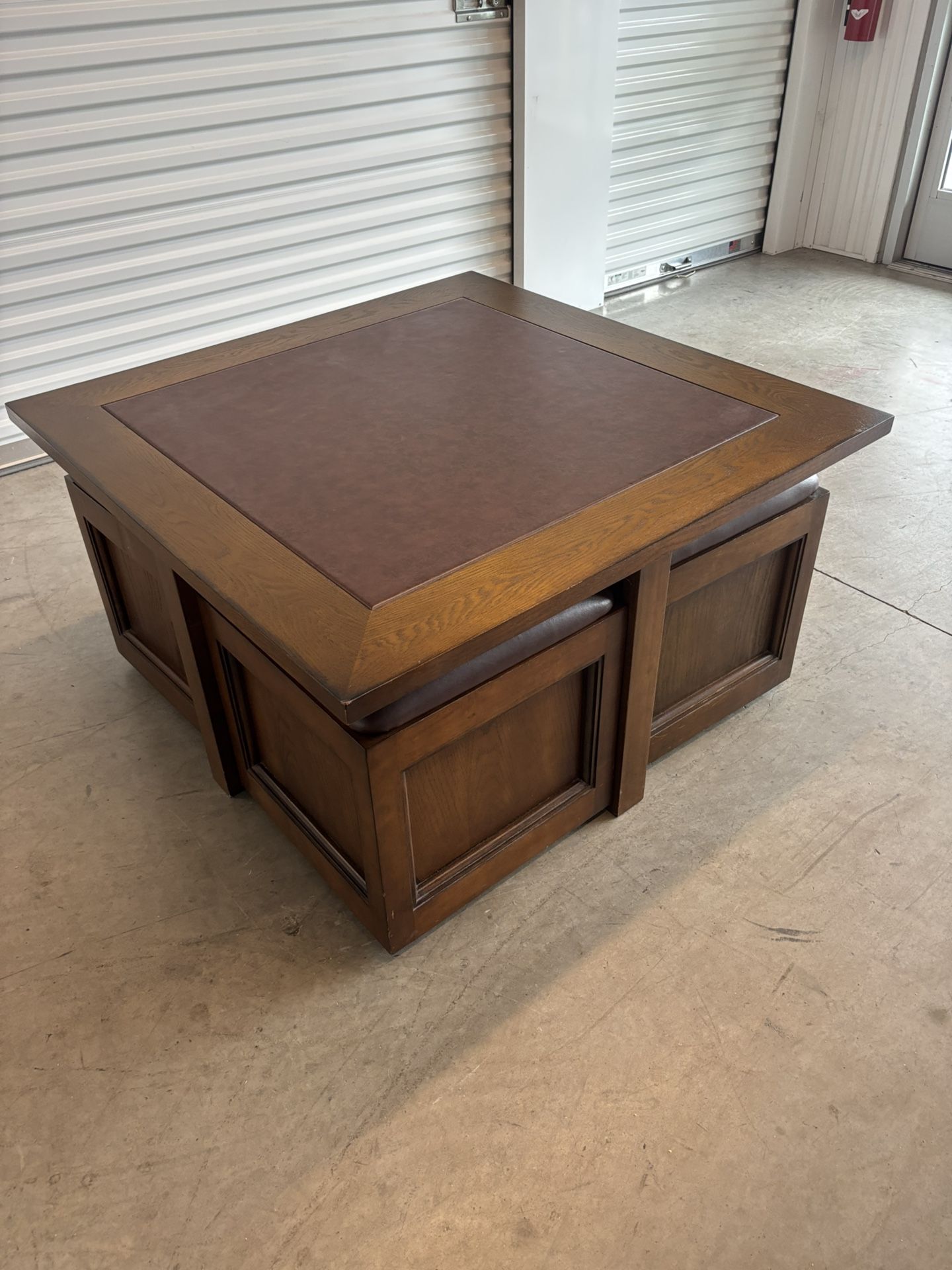 Solid Oak Game Table/Coffee Table With Four Storage Seats With Casters. 