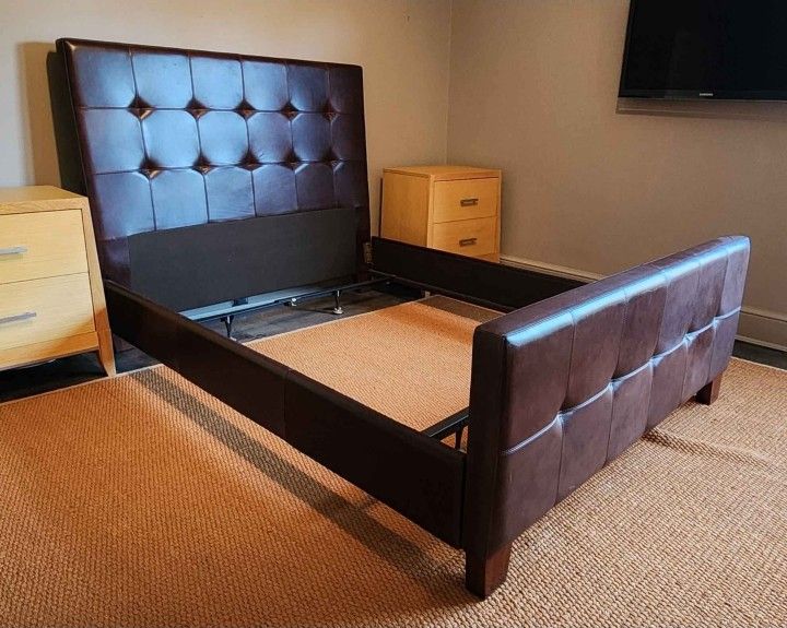 Crate & Barrel Queen Tufted Brown Leather Upholstered Bed Frame