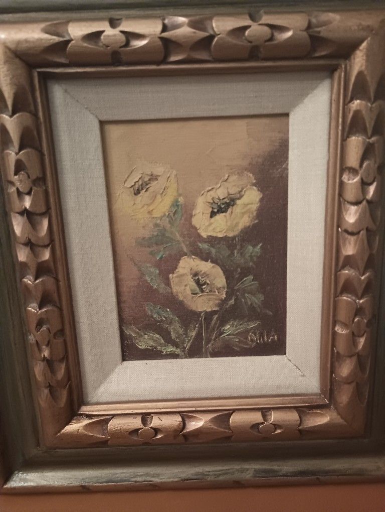 VINTAGE OIL PAINTING ON CANVAS SIGNED CARVED GILD GOLD WOOD FRAME 15" X  13" EXCELLENT PRE-OWNED CONDITION 