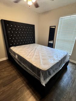 Queen bed frame black or blue wit mattress set