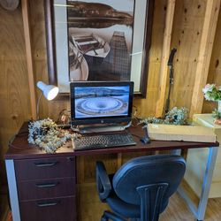 Desk, Chair, HP All In One Pc