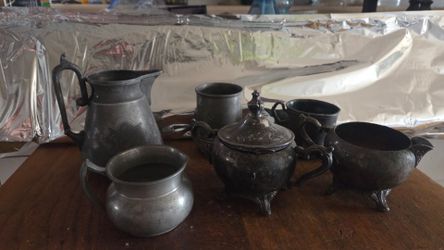 Vintage Silver-Plated & Pewter Tableware / Tea Set Lot (Mix of Pitcher, Mugs, Bowls)