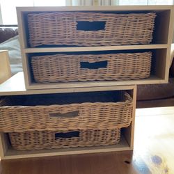 Desk Wooden Storage Cubes With Wicker Basket 