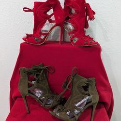 SHIEKH Set of 2 WOMEN COINS DROPPING HIGH HEEL DRESS SHOE Suede Velvet Hunter Green and Red Size 8.5