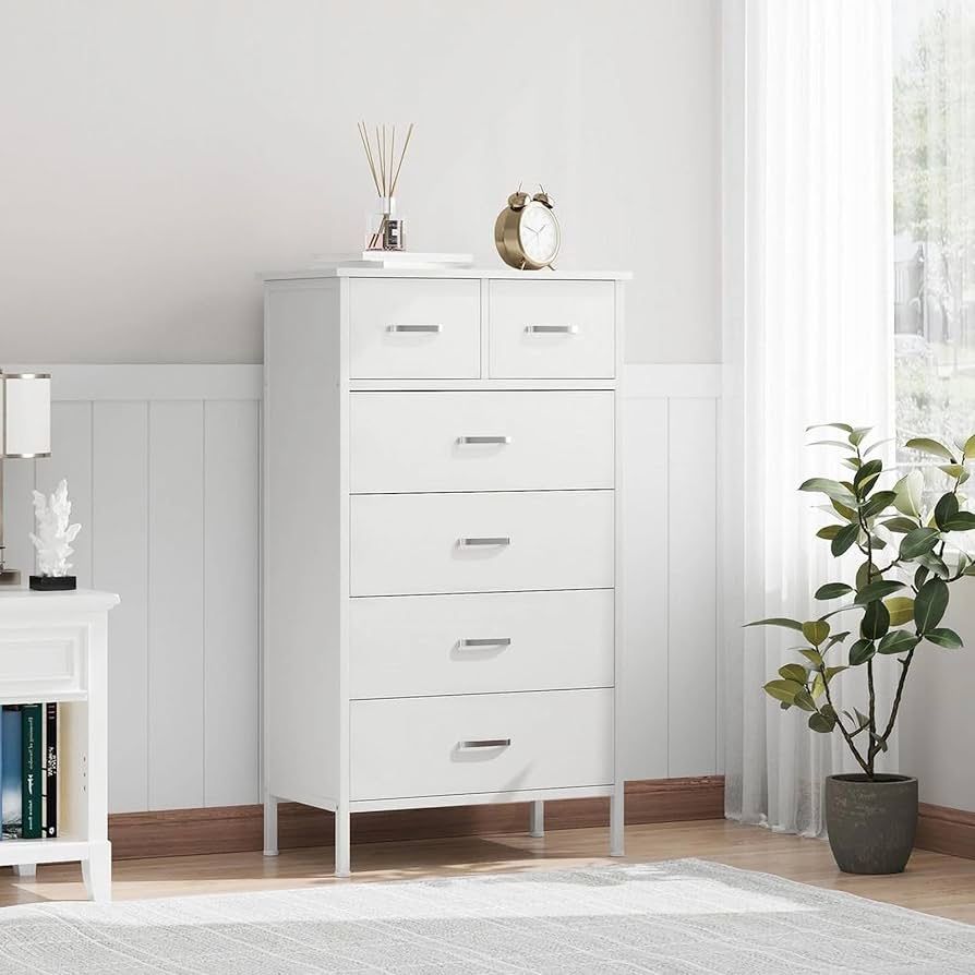 42.1''H Chest of Dressers 6 Drawers for Bedroom, Storage Cabinet Wooden Dresser, Steel Wood Frame, White