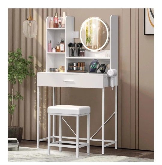 Vanity, Vanity Desk with Mirror and LED Lights, 36" White Makeup Vanity Table Set with Large DIY Storage Drawer, Power Outlet, for Bedroom, 3 Lighting