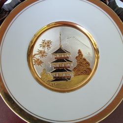 The Art of Chokin "Pagoda & Volcano Mountain" 7-3/4" Plate GOLD and SILVER