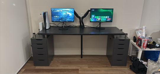 Large Black Desk with Dual Drawer Units