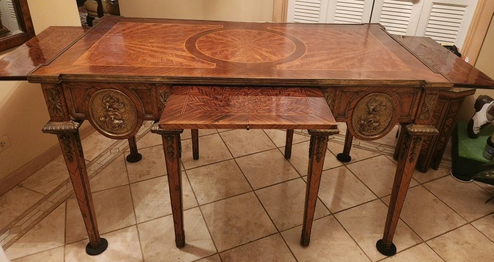 Amazing Antique Partner Desk--Pull Out Sides-Excellent Condition- Medallions, Inlay,Drawer With Key