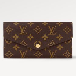 New Authentic Louis Vuitton Brown Monogram Sarah Wallet with Poppy Red interior 