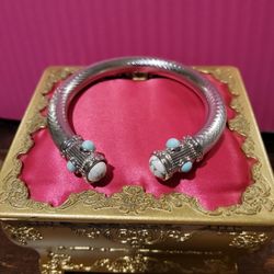 Silverplated Bangle Cuff Kada Bracelet Tribal Aquamarine and  Buffalo White Turquoise  7-8" F12