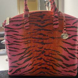 Pink/orange Striped Authentic Brahmin Satchel With Extended Strap 