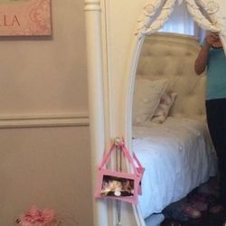 Behrs antique white 4 poster canopy bed, armoire and dresser with tri fold mirror