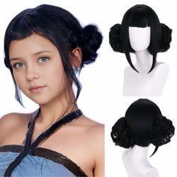 MAGQOO Black Wig with Buns Short