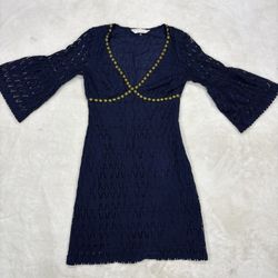 Trina Turk Dress Womens 4 Navy Blue Crochet Bell Sleeve Beaded Cotton Boho