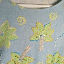 Large Womens 3/4 Sleeve Sequin Beaded Tropical Palm Tree Shirt Summer Cotton 