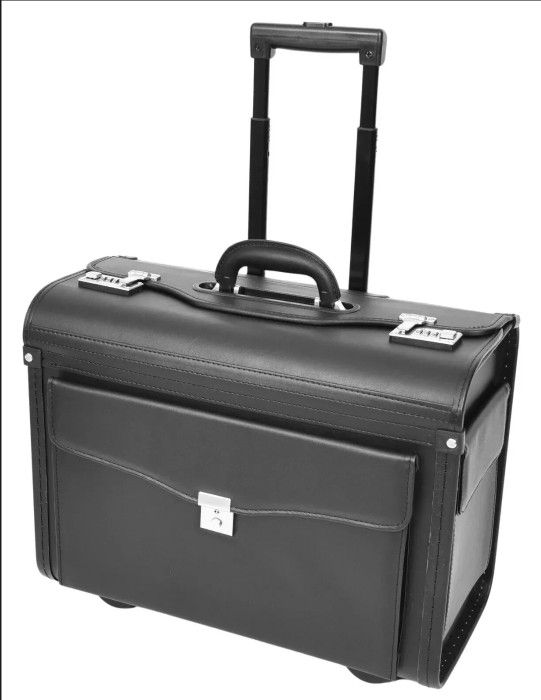 Rolling Pilot Secure Black Leather Business Travel Briefcase First Class Luggage