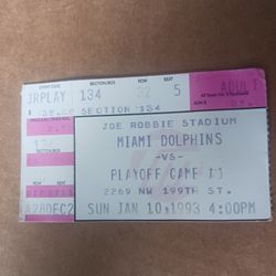 Miami Dolphins Used Playoff Game#1 Ticket / Sunday. Jan. 10, 1993