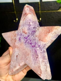 Large Pink Amethyst Crystal Star Carving on Gold Stand