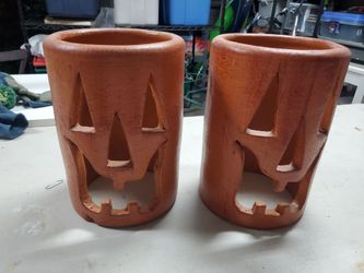 2 large clay pumpkin luminaries