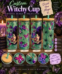 Custom Witchy Glass Tumbler Cup with Bamboo Lid