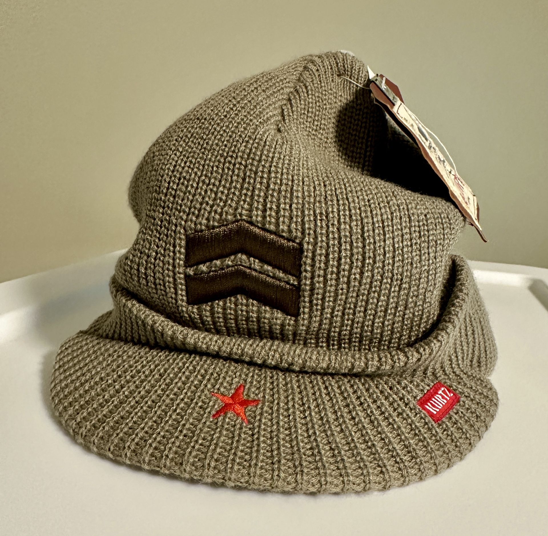 A.Kurtz Khaki Navy Army Style, Fritz Jeep Cap, Cuff Beanie Knit Hat