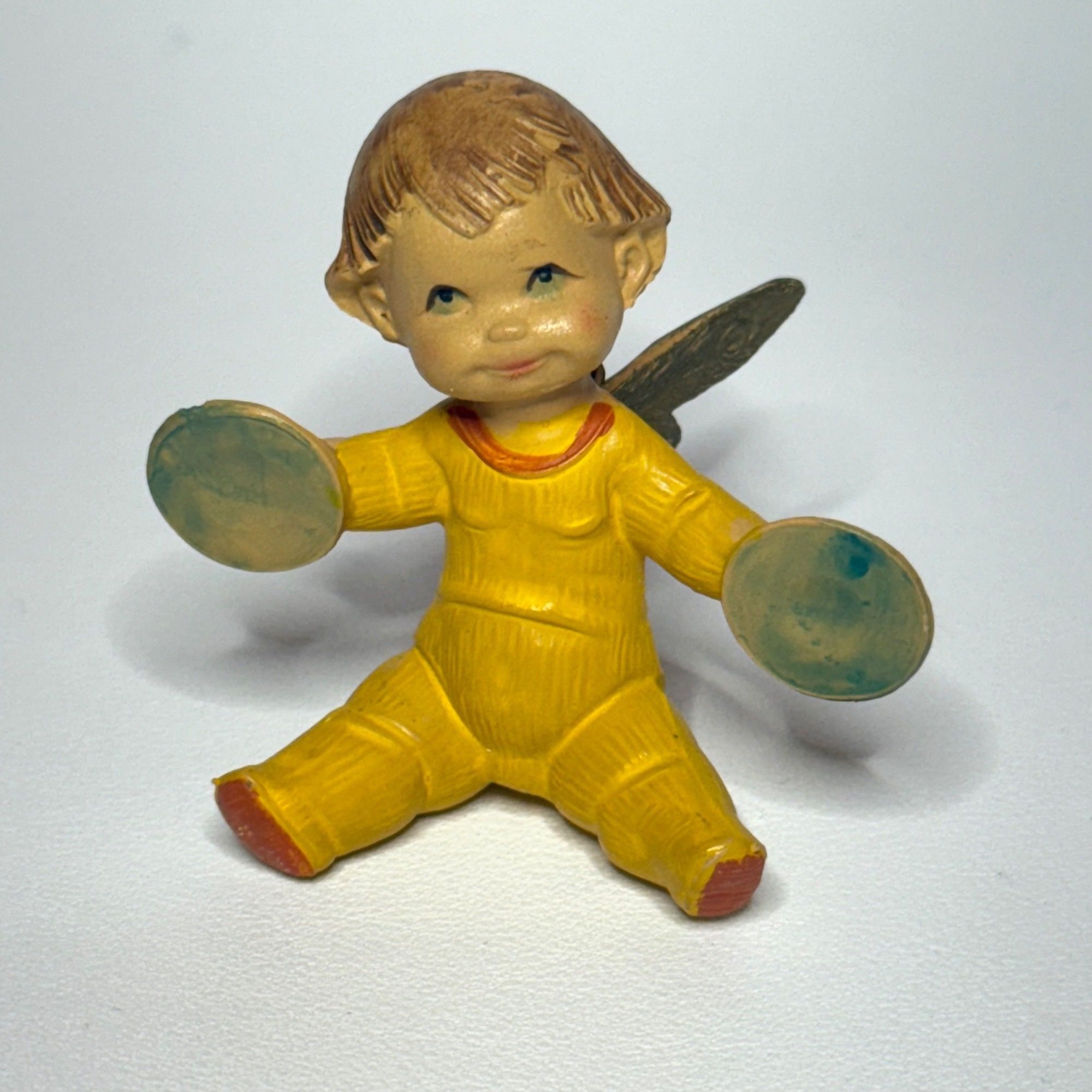 Depose Italy Seated Baby Angel with Cymbals Blue Eyes Yellow Outfit