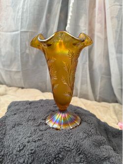 Vintage Fenton Amber Iridescent "Inverted Floral" Carnival Glass Vase