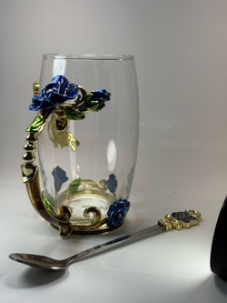 Tea Cup Glass Coffee Mug Set -Enamel Rose Flower & Butterfly With Spoon