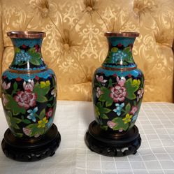 Pair Of Vintage Chinese Cloisonné Vase With Wood Stand