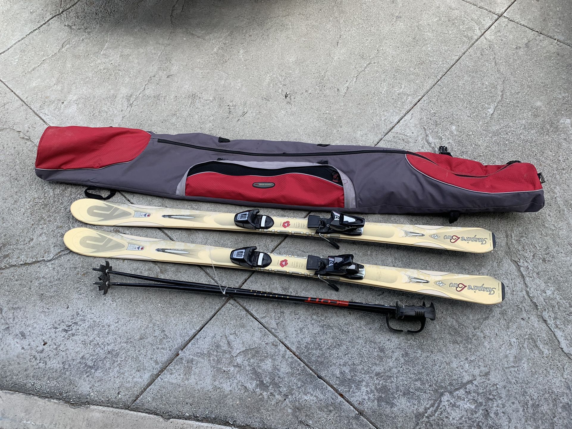 160cm K2 Skis, Salomon Bindings, with 48” Scott Poles and High Sierra Bag