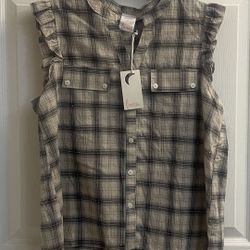 Brand New Plaid Sleeveless Button Up Top Size L