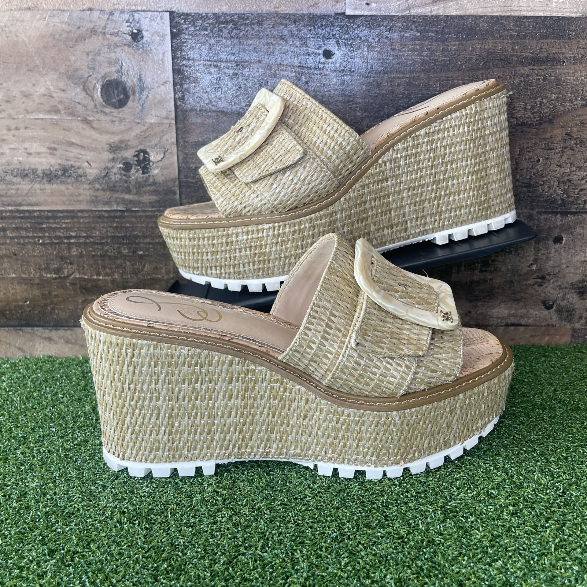 Sam Edelman Women's Livi Wedge Sandal Natural Raffia Size 7.5M