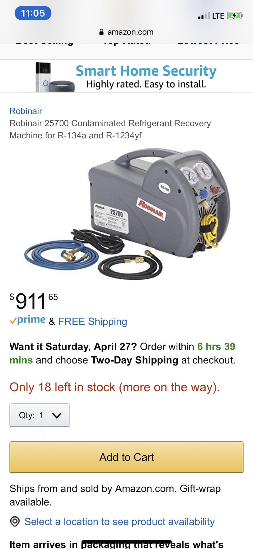 New Robinair 25700 Contaminated Refrigerant Recovery Machine