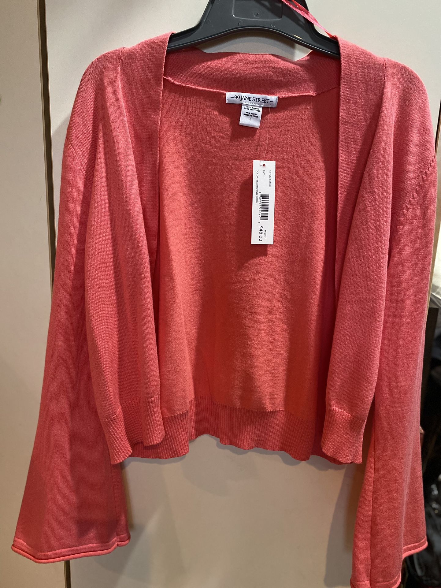 Nwt Women’s Size L Coral Colored Sweater Cardigan Bell Sleeves