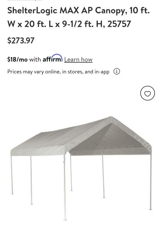 ShelterLogic MAX AP Canopy, 10 ft. W x 20 ft. L x 9-1/2 ft. H, 25757