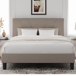 Brand New King Size Bed Frame with Adjustable Headboard Platform King Bed Frame Linen Fabric Upholstered Headboard, No Box Spring Needed, Noise-Free, 