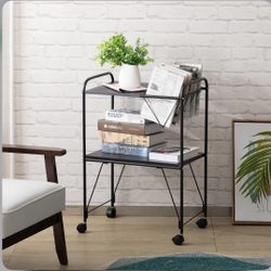 Accent Table  2 Tier Rolling Bookshlef Cart, Metal Side Table For Magazine, Rolling Cart Storage Organizer With Wheels, Black