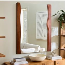 Tanmicoshomy Natural Wood Mirror 30x40 Inch, Asymmetrical Wooden Framed Rectangle Wall Mirror for Bathroom Vanity Bedroom Living Room, Vertical or Hor