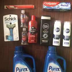 1 Old Spice 2in 1 Shampoo; 1 Schick Razor; 3 Nivea Body Wash & Shave Gel; 2 Colgate: Toothpaste & Toothbrush; 2 Hand Sanitizer: 11 Items $25