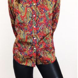 Lauren Ralph Lauren Paisley Button Front Shirt Red Multicolor XL 100% Cotton