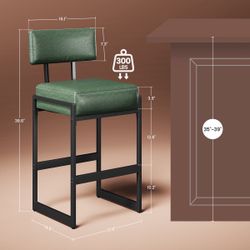 2 Pcs Modern Green Counter Height Bar Stool – Padded Seat & Backrest