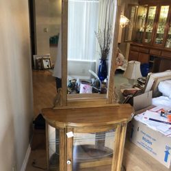 Oak Curio Cabinet With Mirror